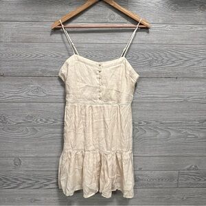 Boho Love Tree Oatmeal Tiered Mini Dress Size L Smocked Festival Cottagecore